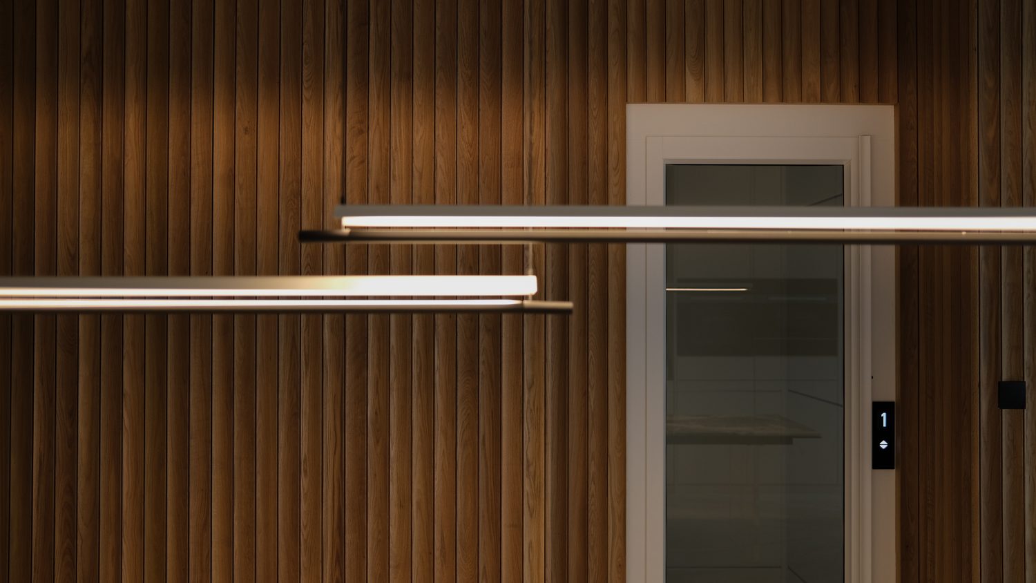 A timber-lined corridor, lines of light leading to the lift