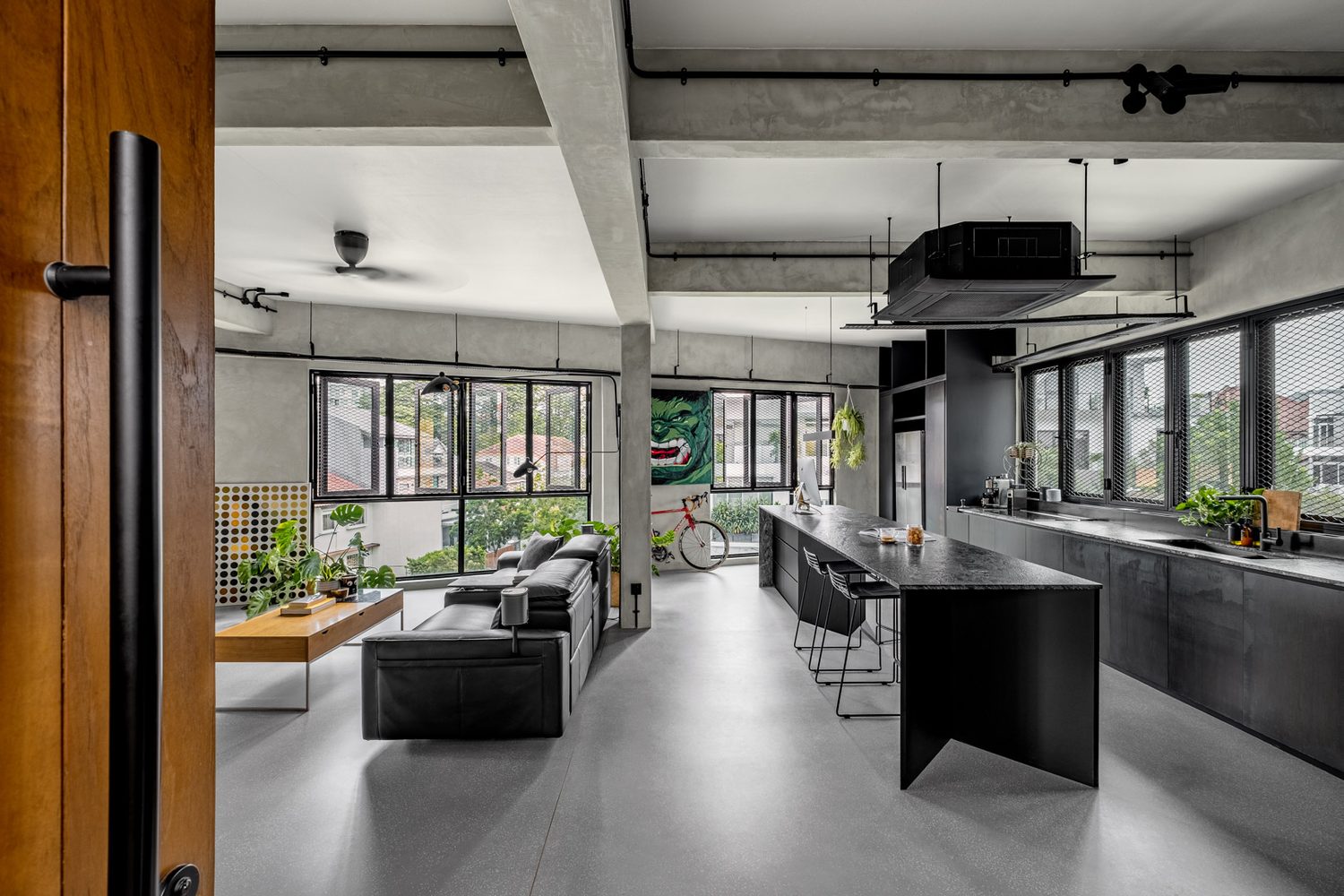 The open plan seen from the entry — timber door edge, island and lounge beyond
